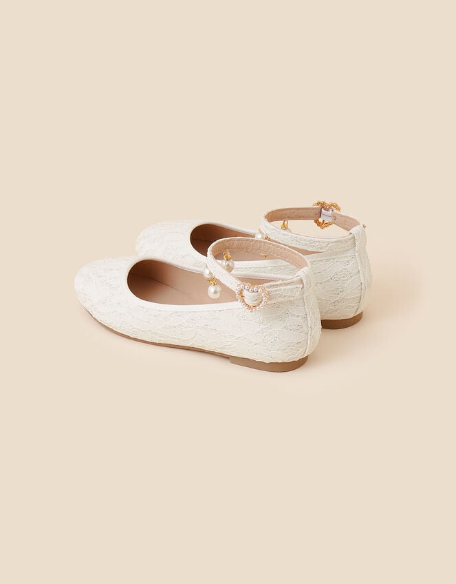 Lace and Pearl Ankle Strap Ballerina Flats, Ivory (IVORY), large