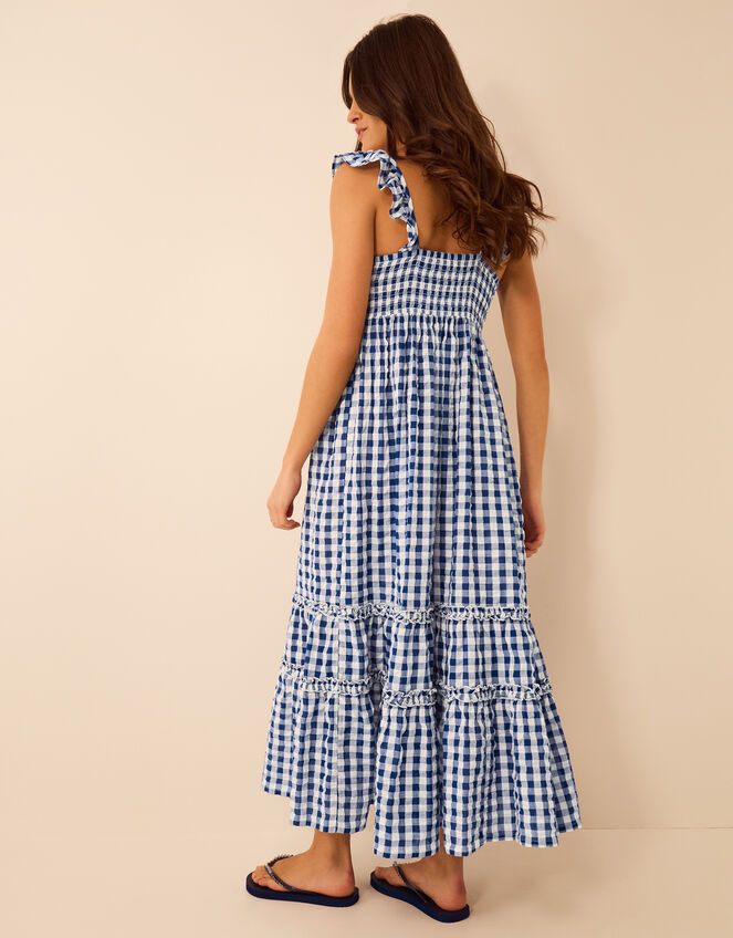 Gingham Print Ruffle Midi Dress, Blue (NAVY), large