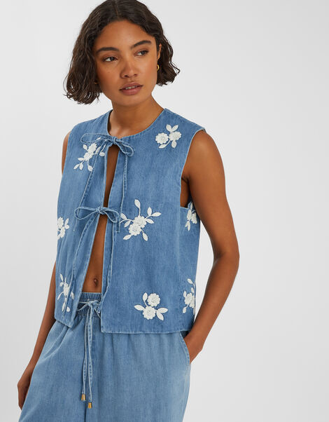 Floral Embroidered Denim Waistcoat, Blue (BLUE), large