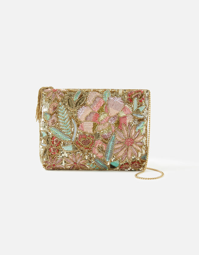 Floral Sequin Zip Bag, , large