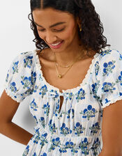 Floral Print Puff Sleeve Midi Dress, Ivory (IVORY), large