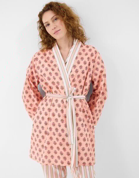 Block Print Cotton Short Dressing Gown , Pink (PINK), large