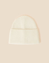 Wide Turn-Up Beanie in Wool Blend, Ivory (IVORY), large