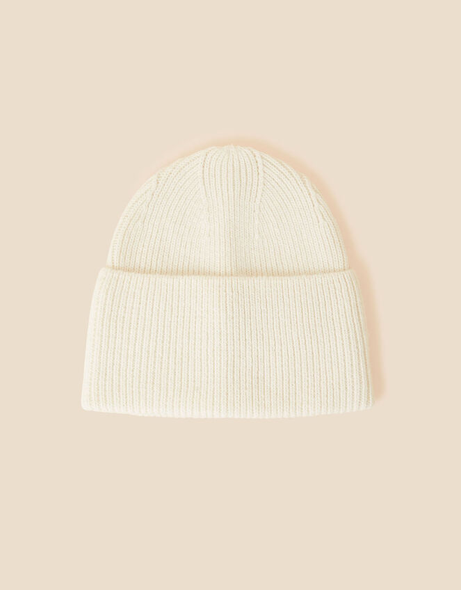 Wide Turn-Up Beanie in Wool Blend, Ivory (IVORY), large
