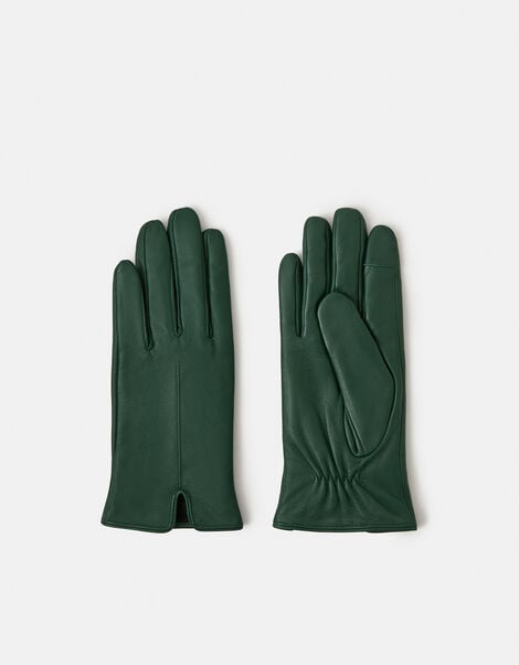 Fleece Lined Touchscreen Leather Gloves, Green (GREEN), large