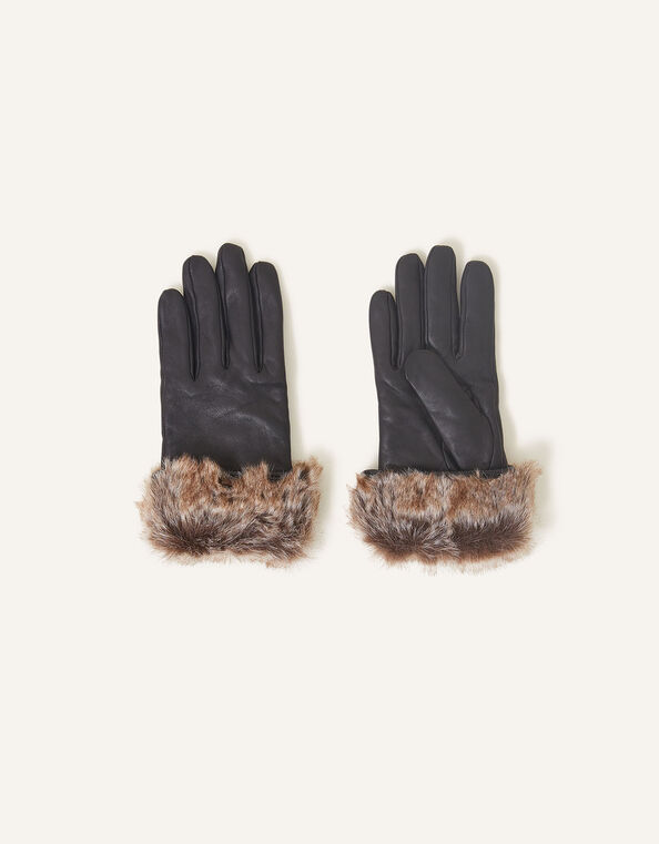 Faux Fur Trim Leather Gloves Black, Black (BLACK), large