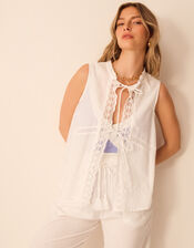 Floral Lace Tie-Front Waistcoat, White (WHITE), large
