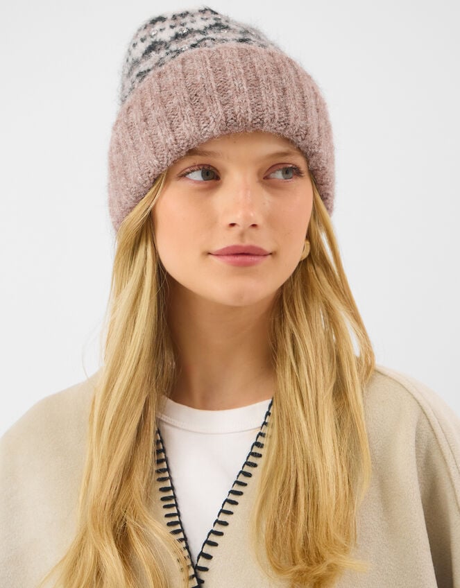 Embellished Fair Isle Beanie Hat, , large