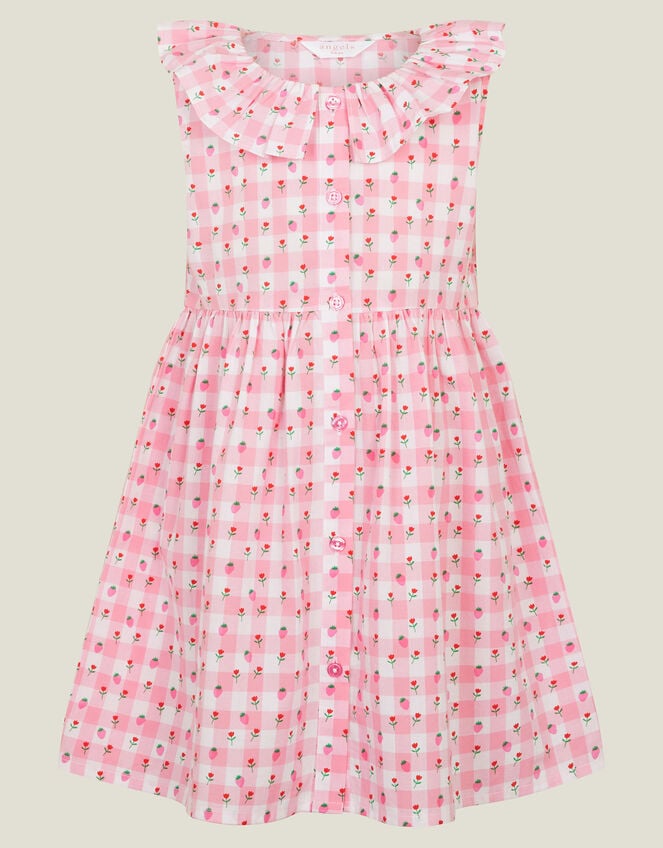 Girls Sleeveless Gingham Strawberry Dress, Pink (PINK), large