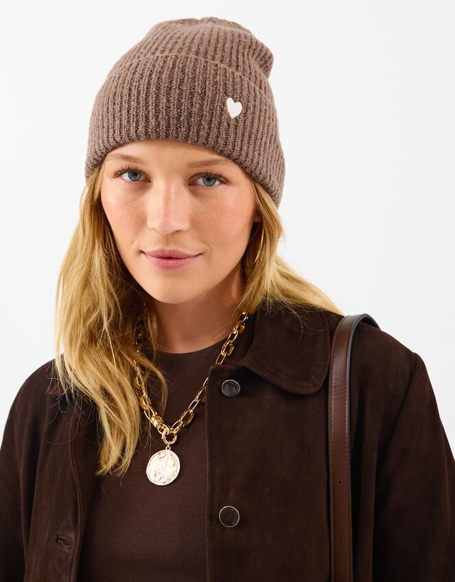 Heart Embroidered Beanie Hat, Mink (MINK), large