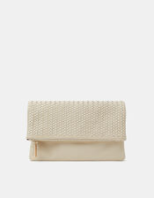 Woven Leather Clutch Bag, Cream (CREAM), large