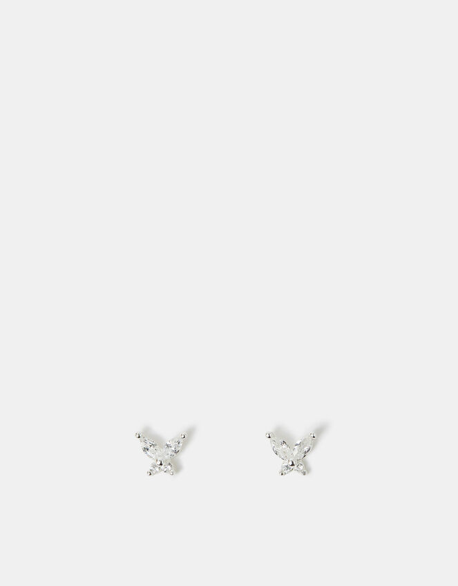 Sterling Silver Diamante Butterfly Stud Earrings, , large