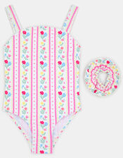 Girls Floral Print Swimsuit & Hair Scrunchie Set, Multi (BRIGHTS MULTI), large