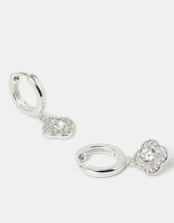 Sterling Silver-Plated Clover Drop Hoop Earrings, , large