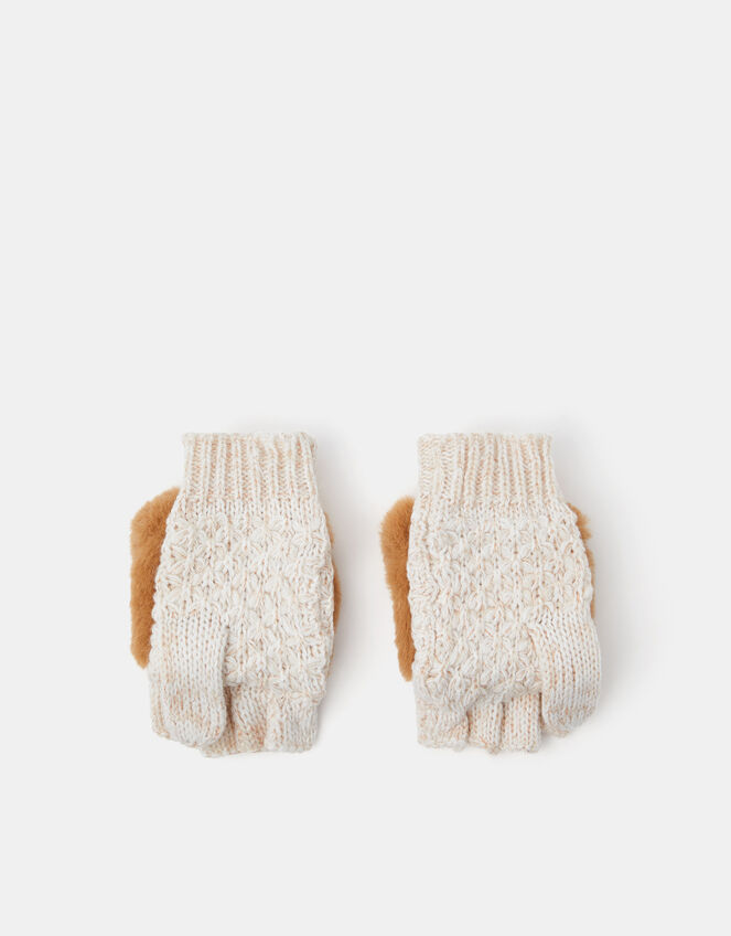 Girls Dog Fingerless Gloves with Mittens, Tan (TAN), large