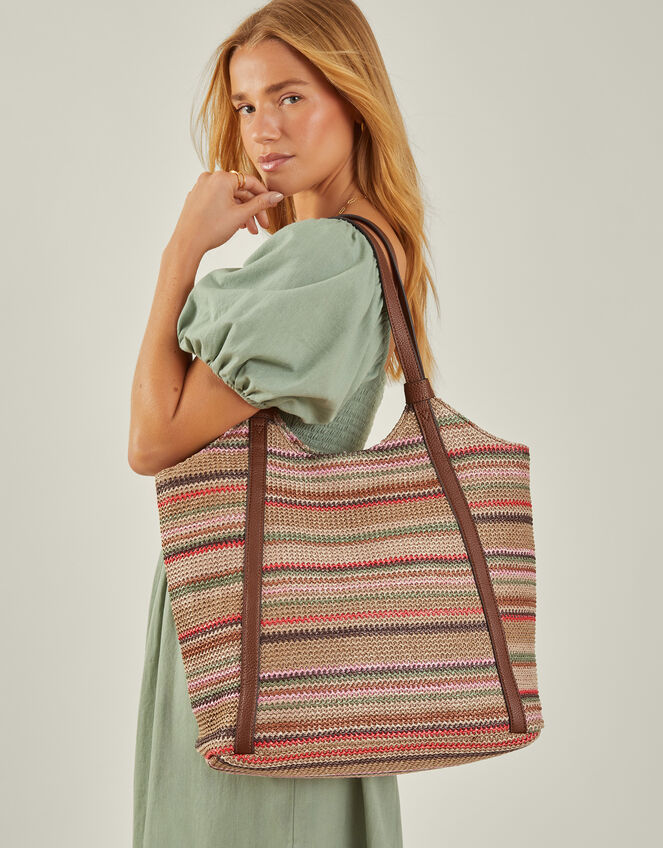 Stripe Raffia Shoulder Bag, , large