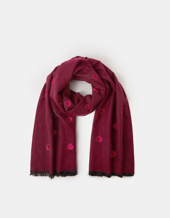 Heart Embroidered Blanket Scarf, Red (BURGUNDY), large