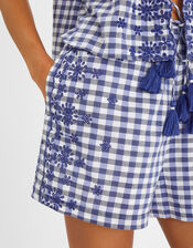 Gingham Embroidered Shorts, Blue (BLUE), large