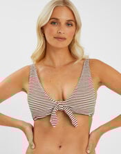 Textured Stripe Tie Front Bikini Top, Camel (BEIGE), large