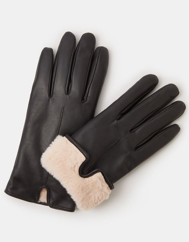 Faux Fur Lined Leather Gloves, Black (BLACK), large