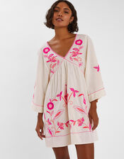 Floral Embroidered Mini Beach Dress, Ivory (IVORY), large