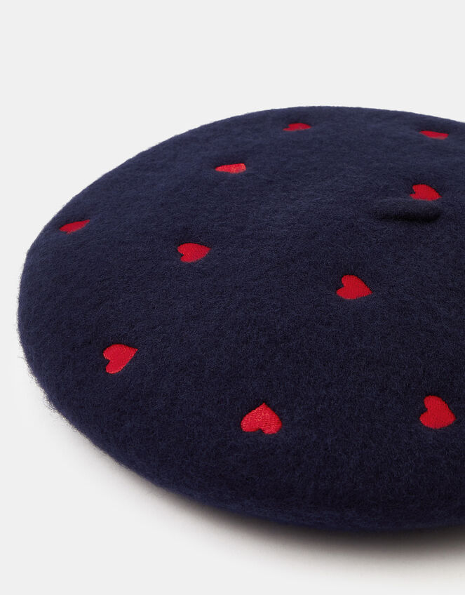 Heart Embroidered Wool Beret, , large