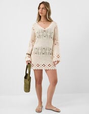 Crochet Long Sleeve Cover Up, Natural (NATURAL), large