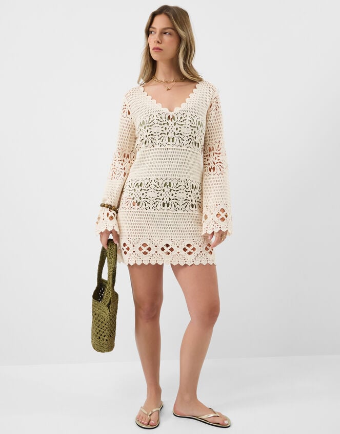 Crochet Long Sleeve Cover Up, Natural (NATURAL), large
