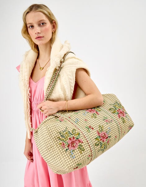 Embroidered Floral Check Weekender Bag, , large