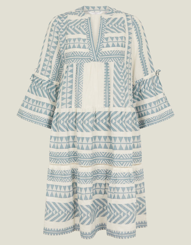 Print Jacquard Flute Sleeve Mini Dress with Sustainable Cotton, DENIM, large