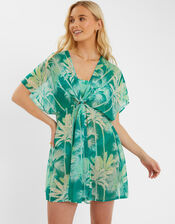 Palm Print Chiffon Mini Kaftan, Green (GREEN), large