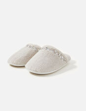 Gem Embellished Faux Fur Slippers, Cream (CREAM), large