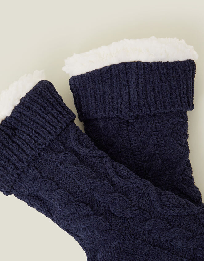 Cable Knit Slipper Socks, Blue (NAVY), large