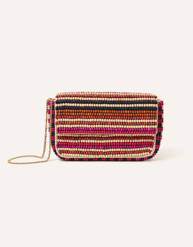 Hand-Embellished Wooden Bead Stripe Clutch Bag, , large