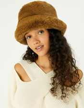 Luxe Faux Fur Bucket Hat, Camel (CAMEL), large
