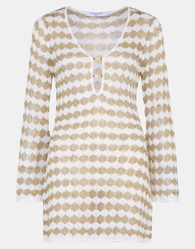 Metallic Crochet Mini Beach Dress, Gold (GOLD), large