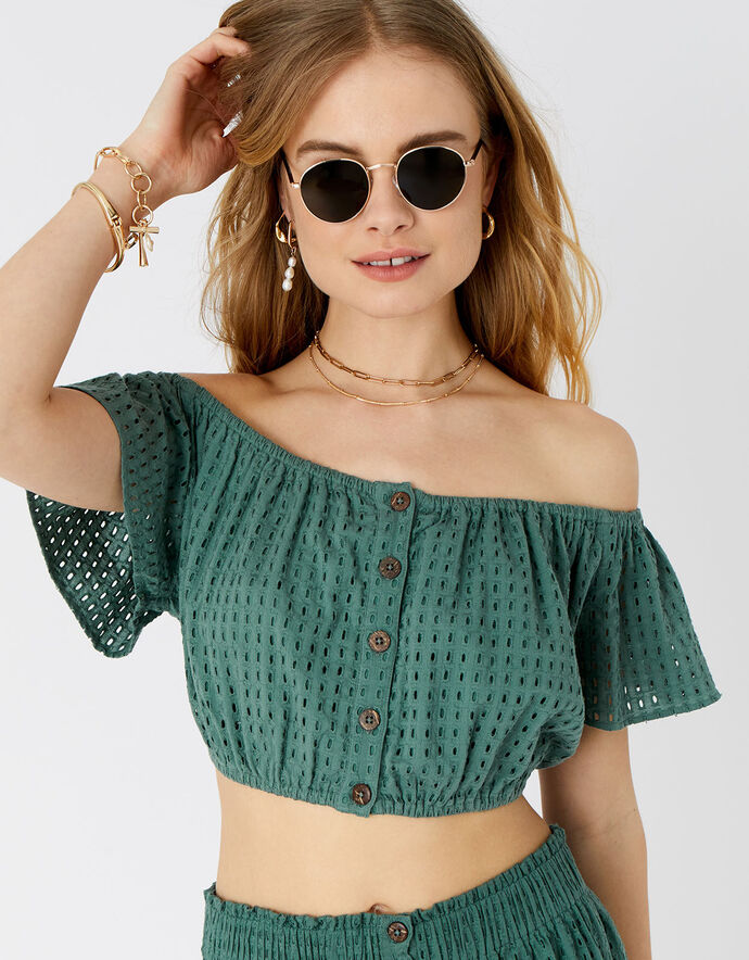 Broderie Bardot Top Green | Summer holiday tops | Accessorize UK