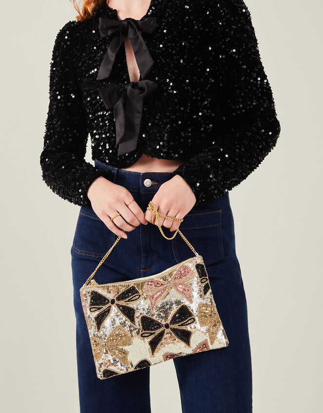 Sequin Bow Zip Top Clutch Bag, , large