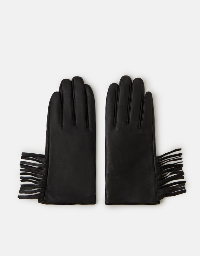 Fringe Leather Gloves, Black (BLACK), large