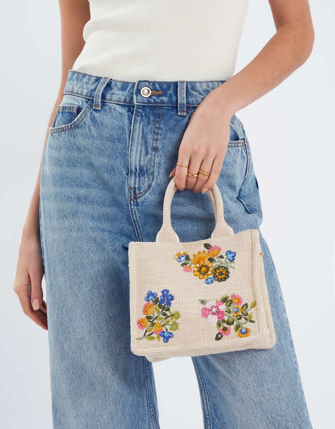 Mini Floral Embroidered Woven Handbag Cream, , large