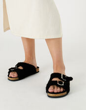 Buckle Footbed Borg Slippers, Black (BLACK), large