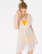 Shimmer Lace Tabbard Dress, White (WHITE), large