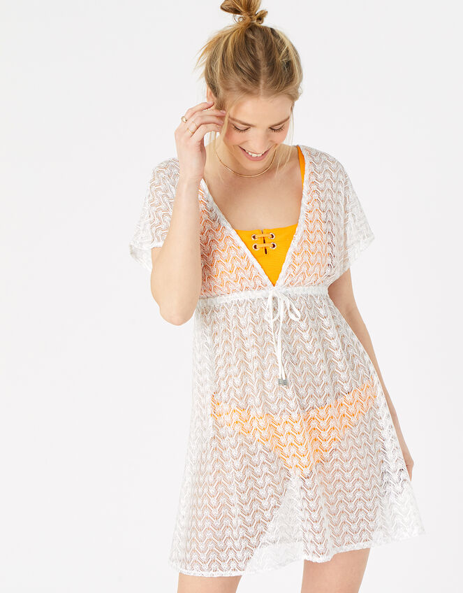 Shimmer Lace Tabbard Dress, White (WHITE), large