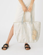 Mia Metallic Shell Print Tote Bag, Silver (SILVER), large