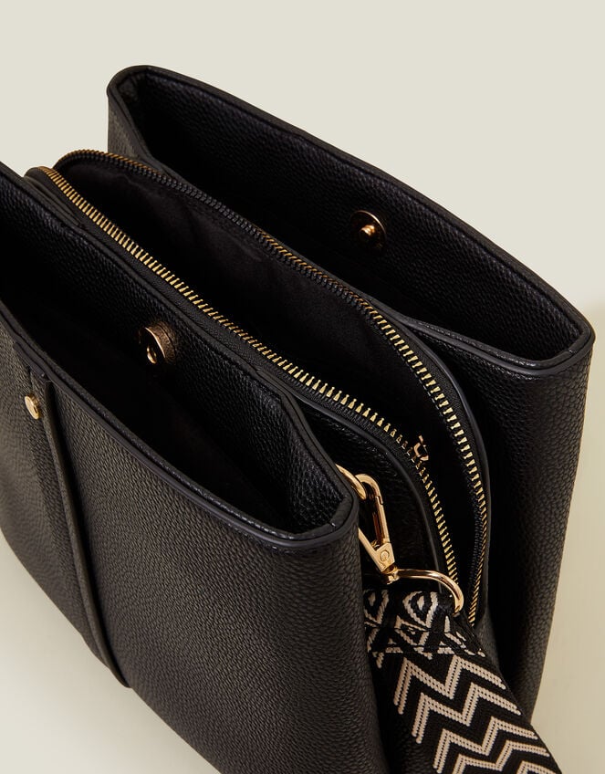 Faux Leather Webbing Strap Crossbody Bag, Black (BLACK), large