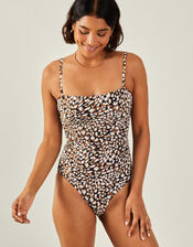 Animal Print Ruched Shaping Swimsuit, Brown (BROWN), large