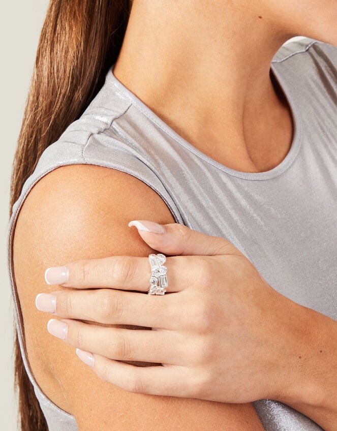 Sterling Silver Cluster Band Ring, White (ST CRYSTAL), large