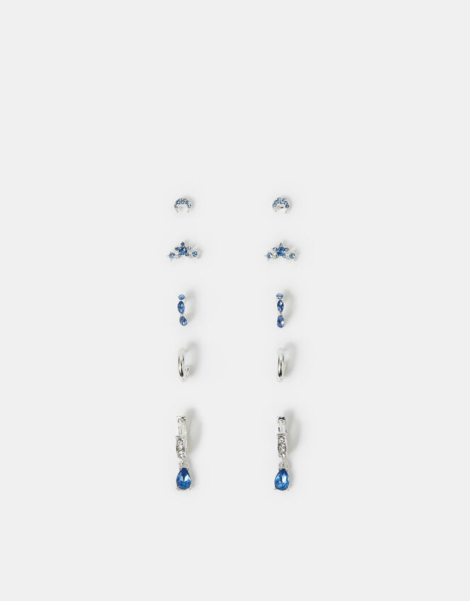 5-Pack Diamante Gem Stud and Hoop Earrings Silver, , large