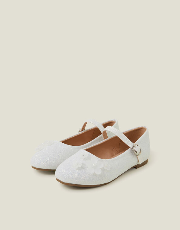 Girls Flower Glitter Strappy Ballet Flats, Ivory (IVORY), large