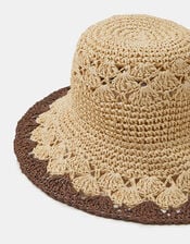 Two Tone Crochet Straw Bucket Hat, , large